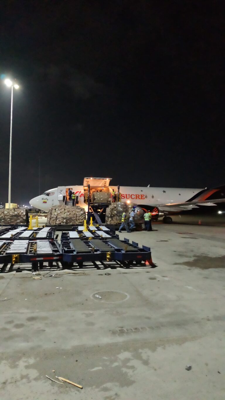 Emergency humanitarian pallets are unloaded from an aircraft at night