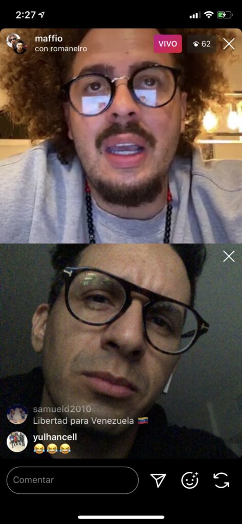 Maffio and Román EL RO participating together in an Instagram Live during the pandemic relief project.