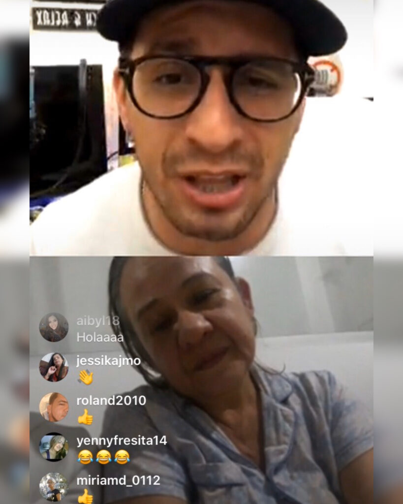 Román EL RO speaking with a woman through Instagram Live during the En búsqueda de un ángel project.