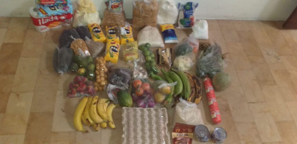Groceries and essential household products purchased for a family during the pandemic.