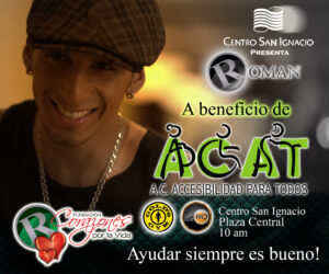 Archival benefit concert poster naming Roman, ACAT and Centro San Ignacio.