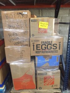 Pallets of donated goods in a warehouse in March 2019.