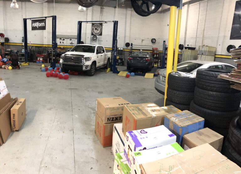 Donated boxes at La Ceiba Tire Shop during the February 2019 collection.